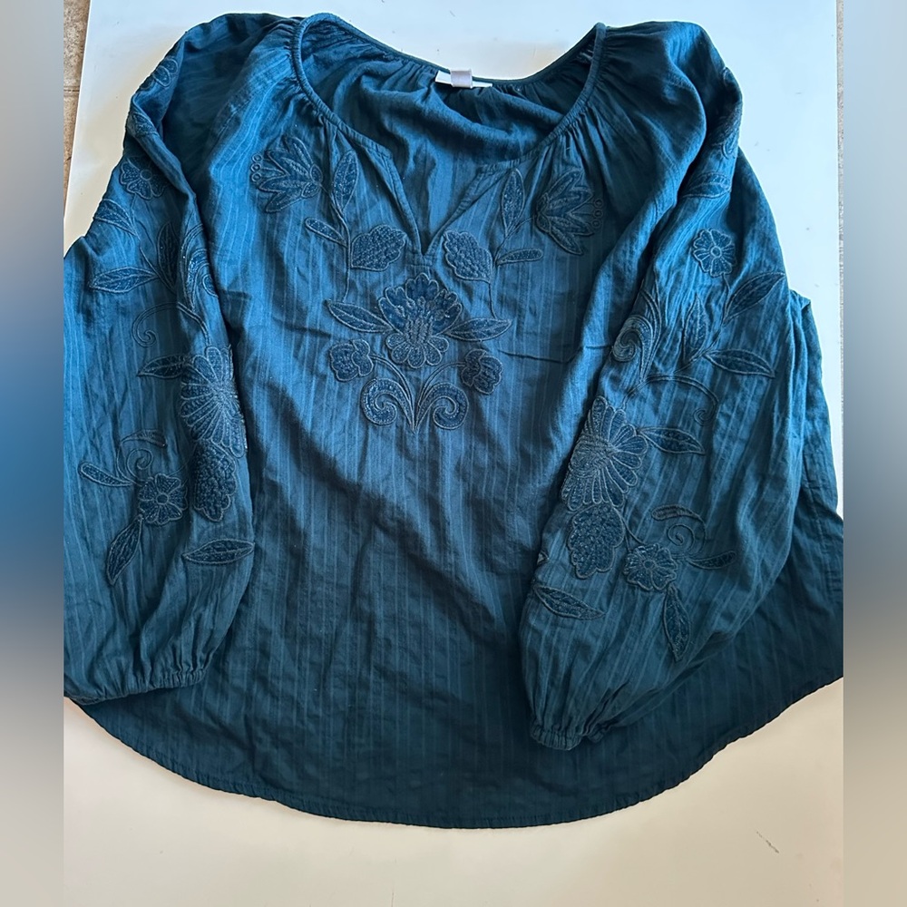 J. Jill Teal Cotton Embroidered Long sleeved Blouse